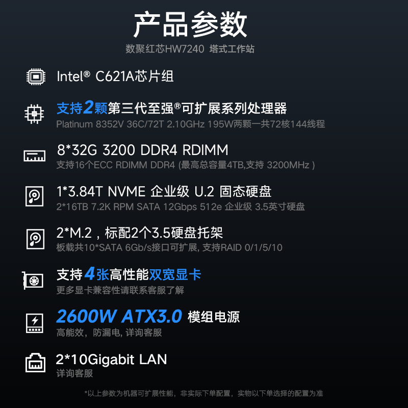 数聚红芯HW7240工作站4214R*2/512G/2T固+8T SATA/A6000 48G*4/2050W*2